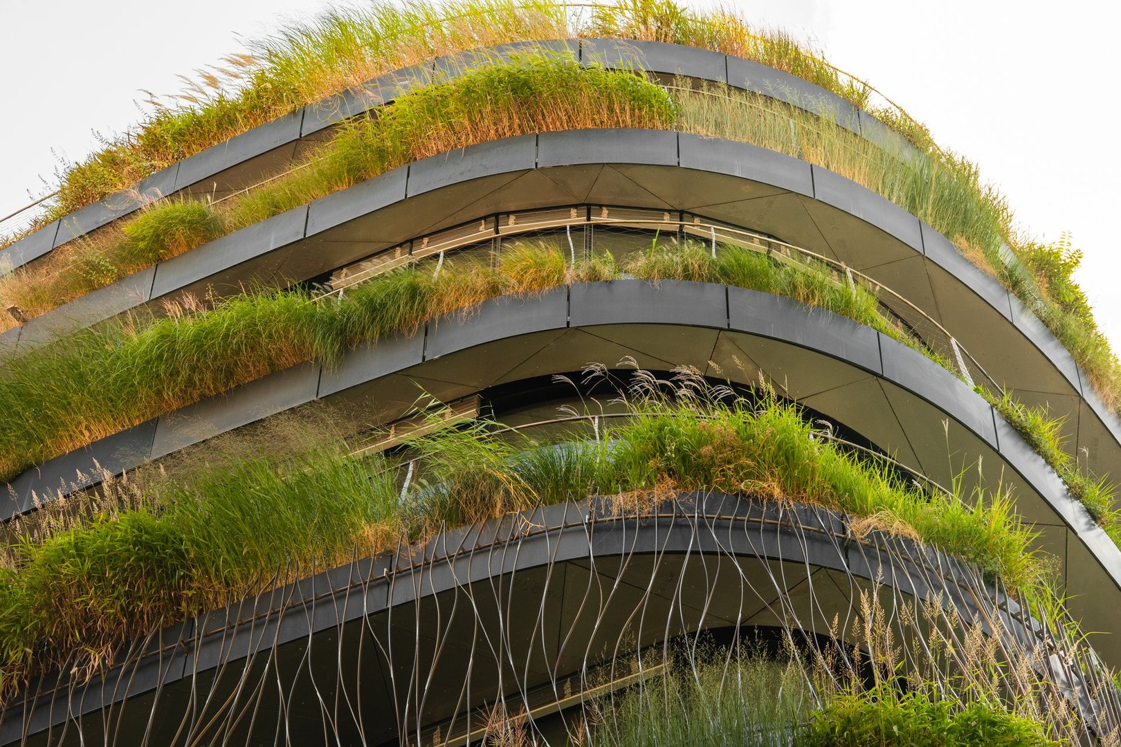 Contemporary multi-story building features curved terraces densely covered with green grass and plants. For topics on sustainable architecture, eco-friendly design, and urban greening solutions.
