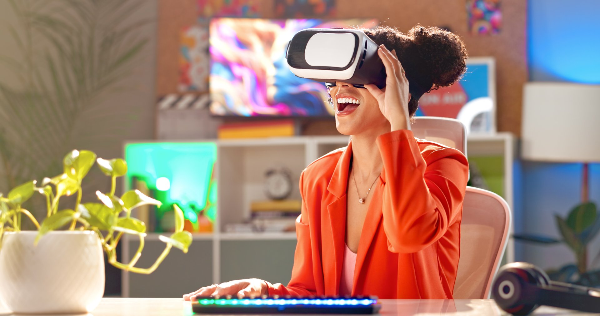 Happy woman, vr and gamer with virtual vision for futuristic experience, interface or ai technology at home. Young, female person or player with smile for simulation metaverse gaming or 3D software