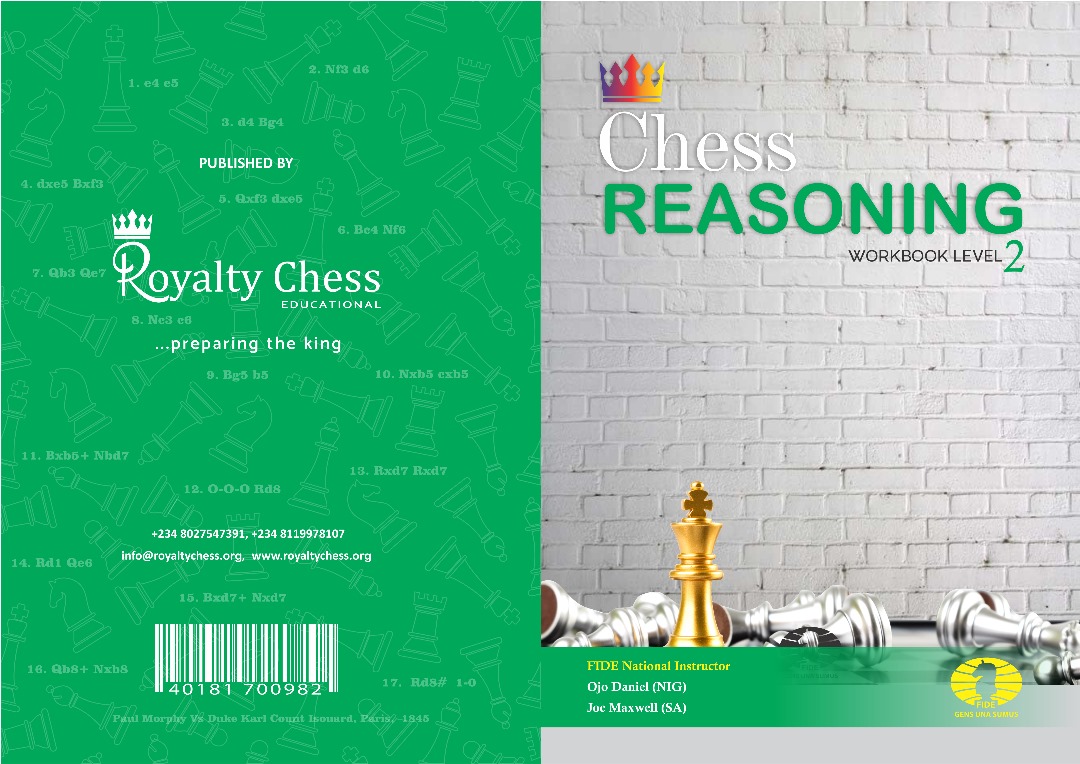 Chess Reasoning Workbook Level 2 cover with chess pieces, a crown, and a green back cover with publisher details.