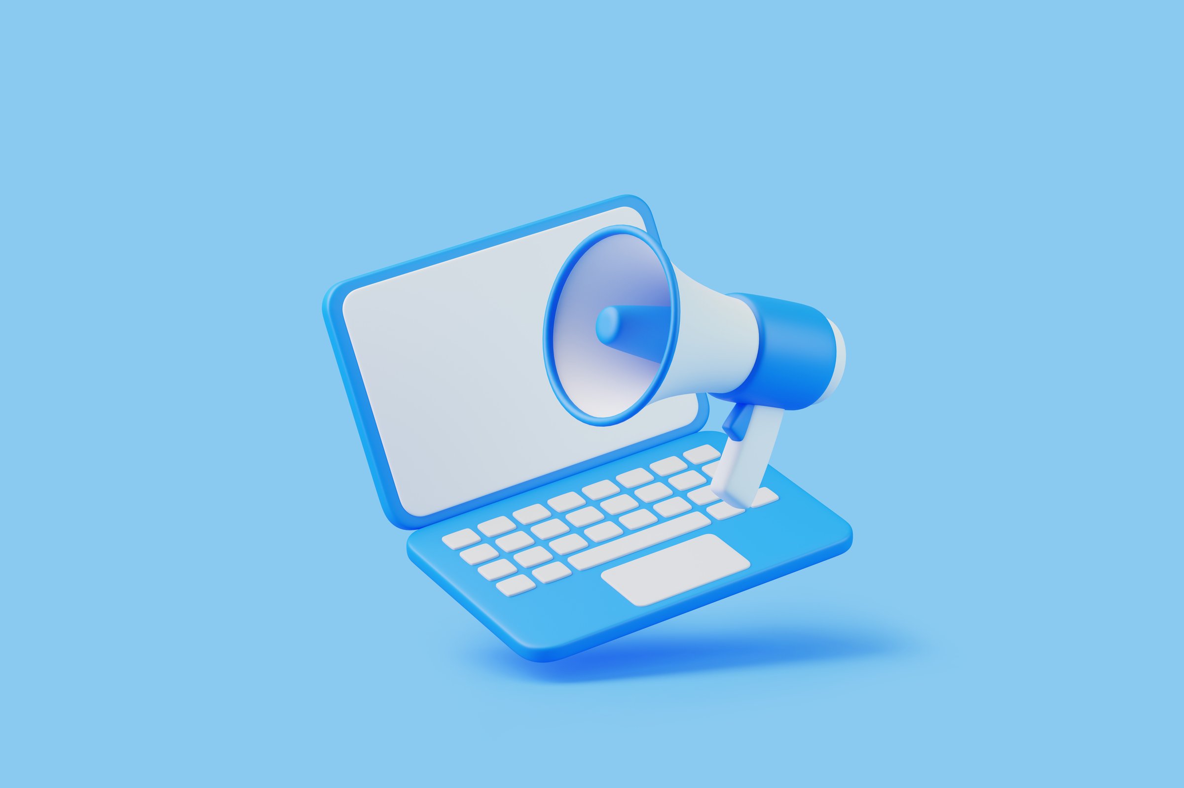 Laptop with a megaphone, symbolizing digital marketing, online promotion, and communication on a blue background. 3D render illustration
