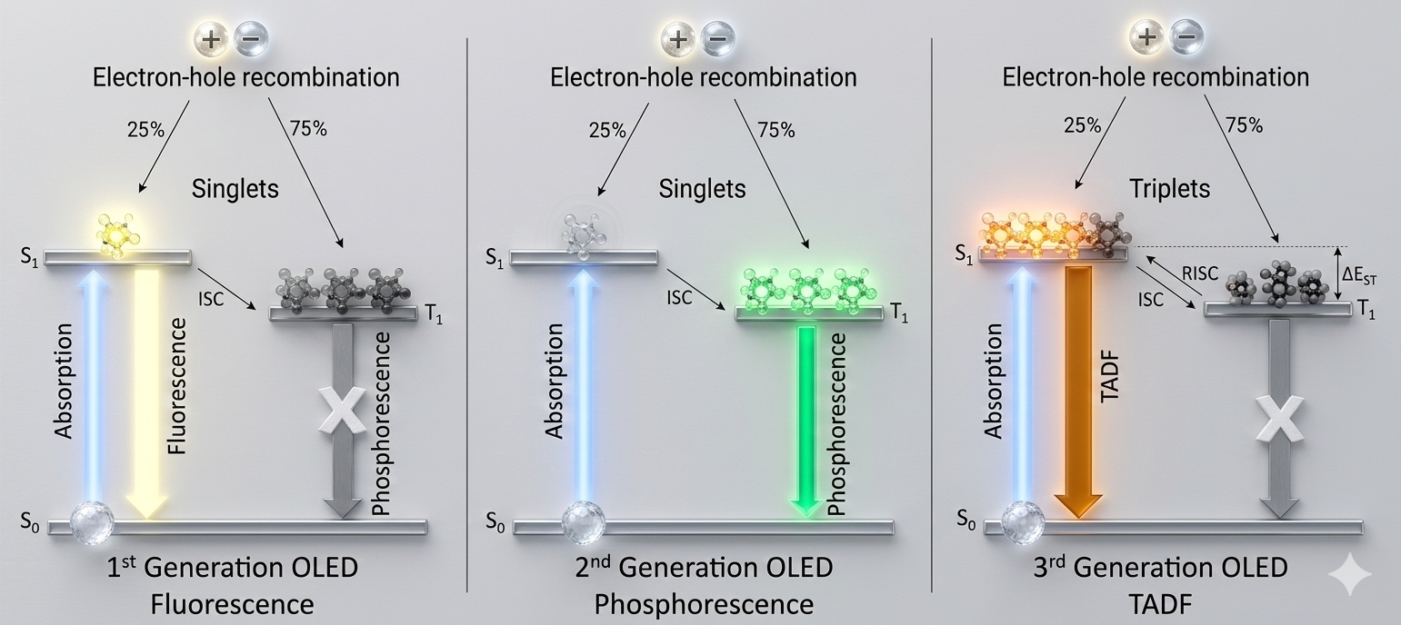 Diagram showing PHOLED layers - organic thin films sandwiched between two electrodes on a substrate, with charge carriers forming excitons that emit photons