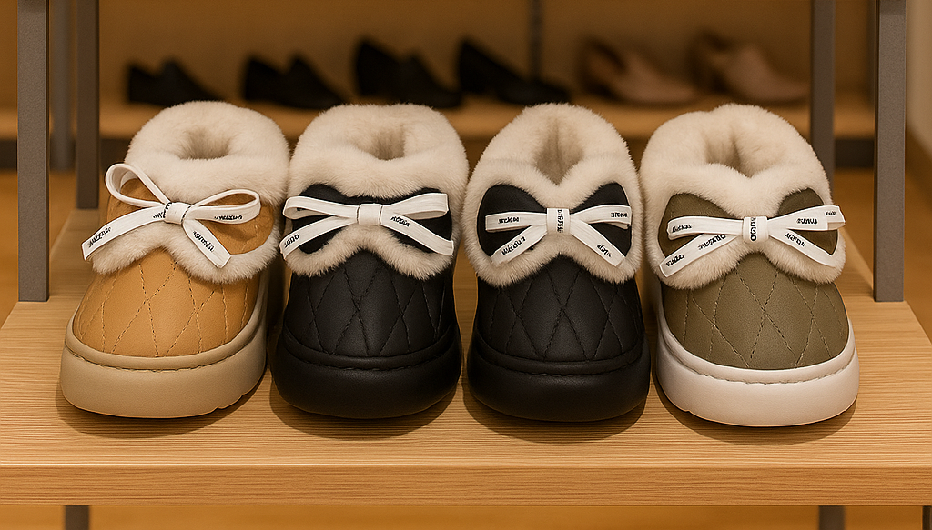 Slippers on soft white carpet in living room. Space for text