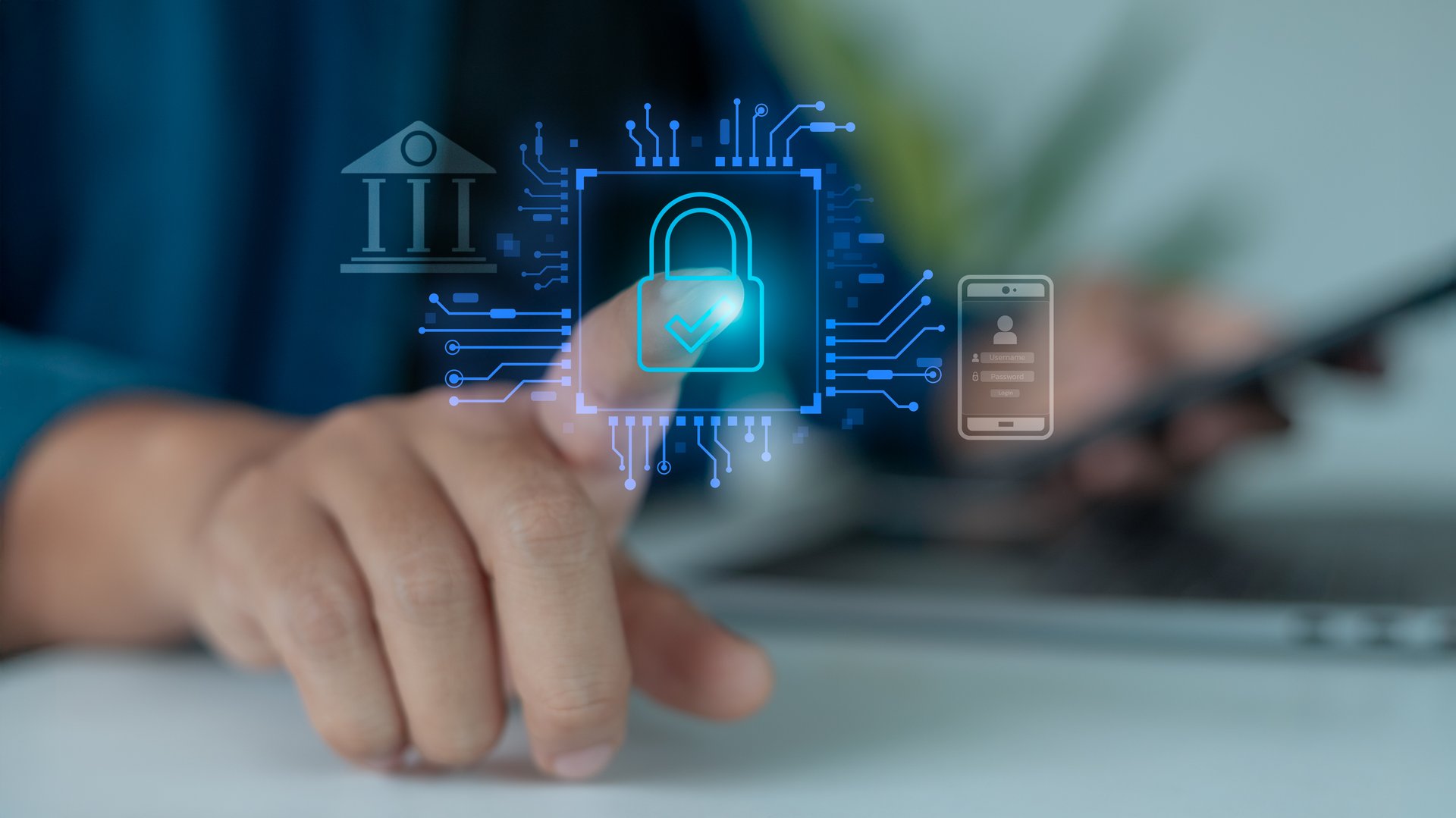 Close-up of hand touching virtual padlock icon, symbolizing secure login, digital banking, cybersecurity, and data privacy technology.