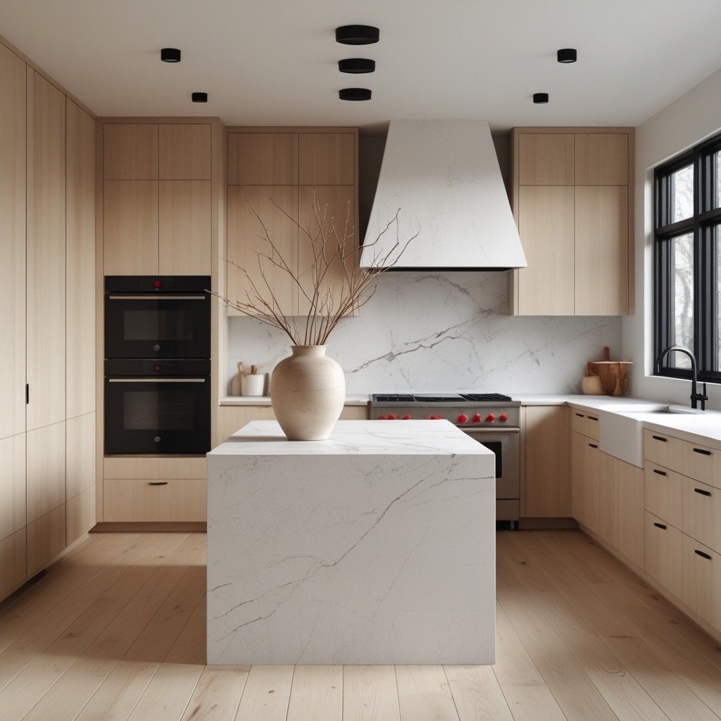 Modern kitchen with light wood cabinets, white marble island, vase with branches, and black appliances.