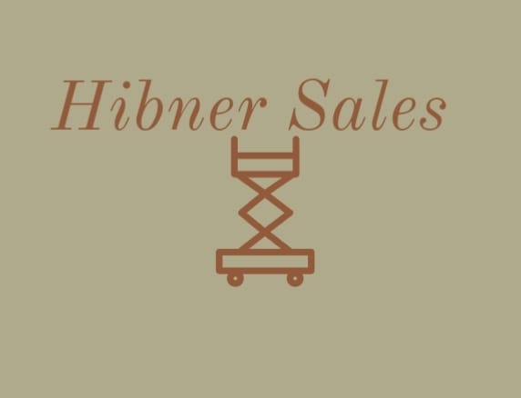 Logo of Hibner Sales with stylized scissor lift illustration on a beige background.