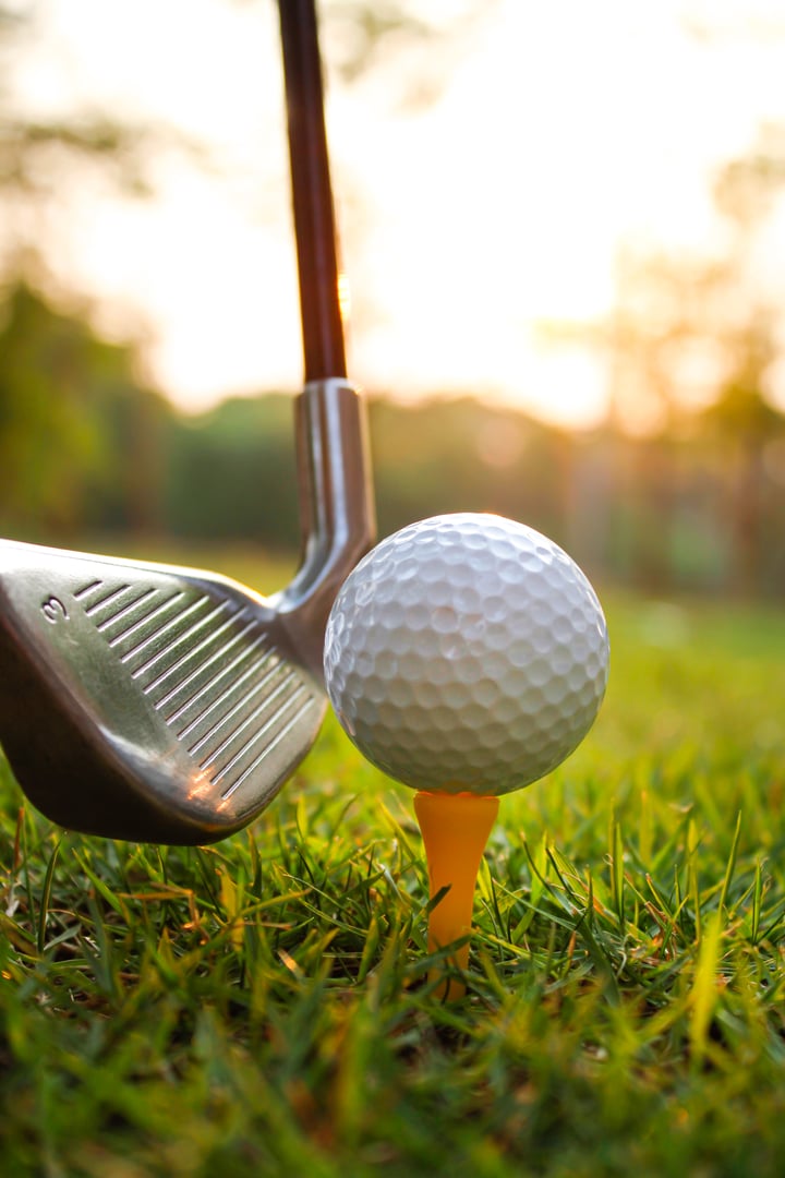 The atmosphere of playing golf in the picture includes playing equipment such as golf clubs, golf balls, grass and sunlight.