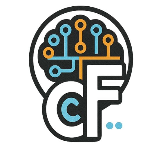 Stylized brain logo with circuit design and the letters "C F" in bold on the side. Colors: orange, blue, black, white.
