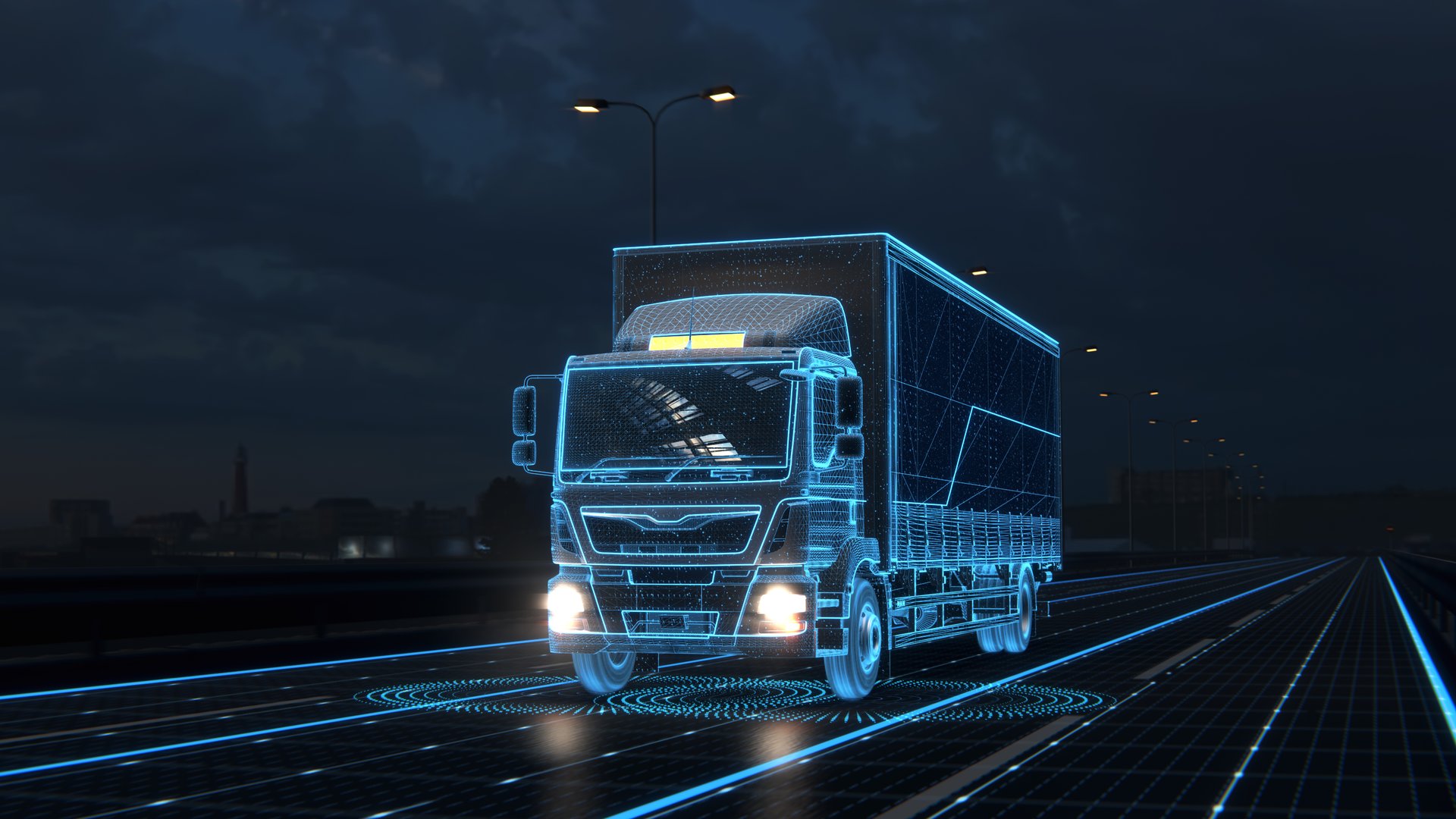 Technology Concept 3d render. Autonomic futuristic Euro semi truck with Cargo Trailer Drives at Night on Road with Sensors Scanning Surrounding. Special Effects of Self Driving Digitalizing Freeway