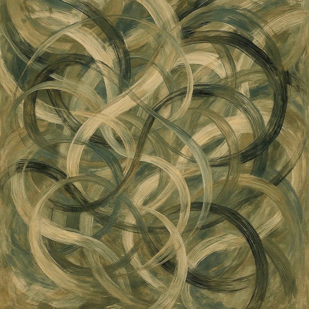 Abstract painting with swirling, intertwining brushstrokes in shades of green and beige forming a complex pattern.