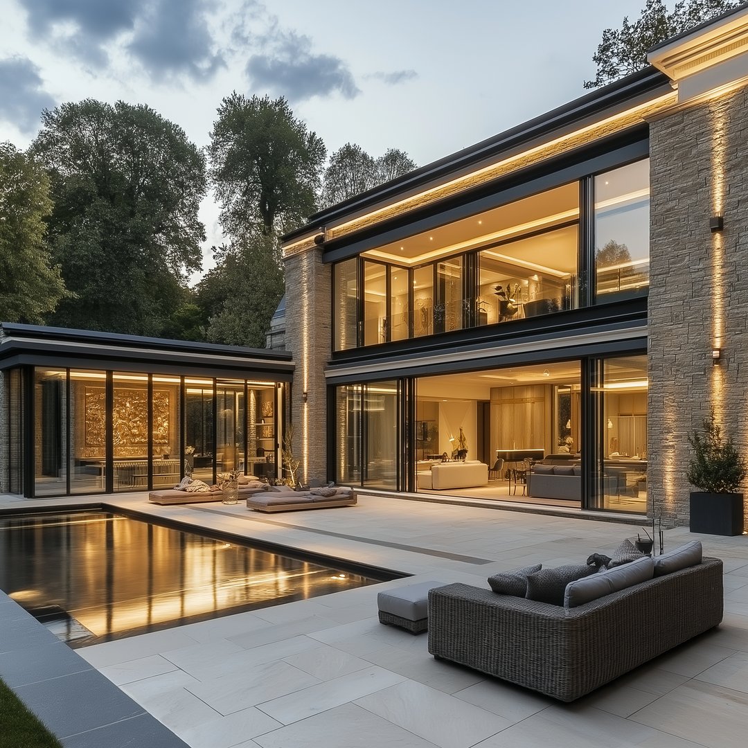 Luxury modern house with large glass windows, pool, and patio, surrounded by trees at dusk.