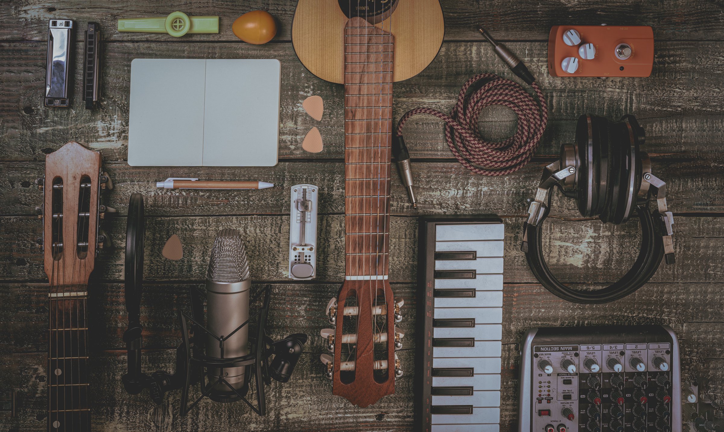 Singer, Songwriter, home recording and music producer flat lay concept