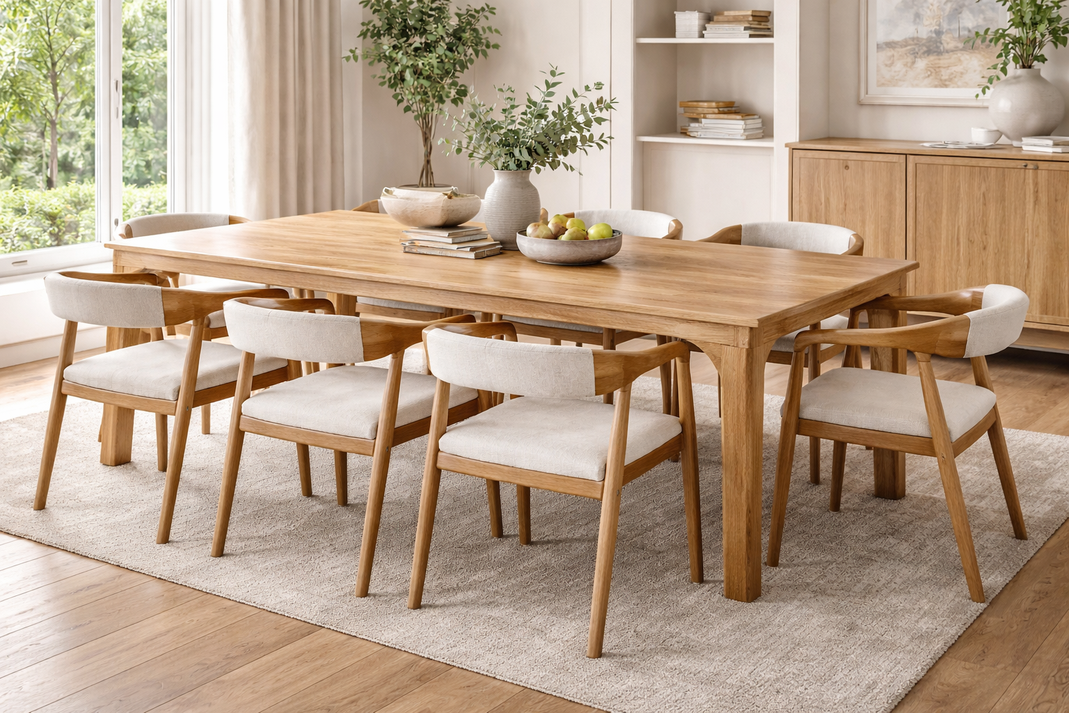 Comedor rectangular completo para 8 personas con mesa de cubierta amplia y patas rectangulares en esquinas, más 8 sillas con brazos integrados, respaldo curvo y tapizado en tono claro