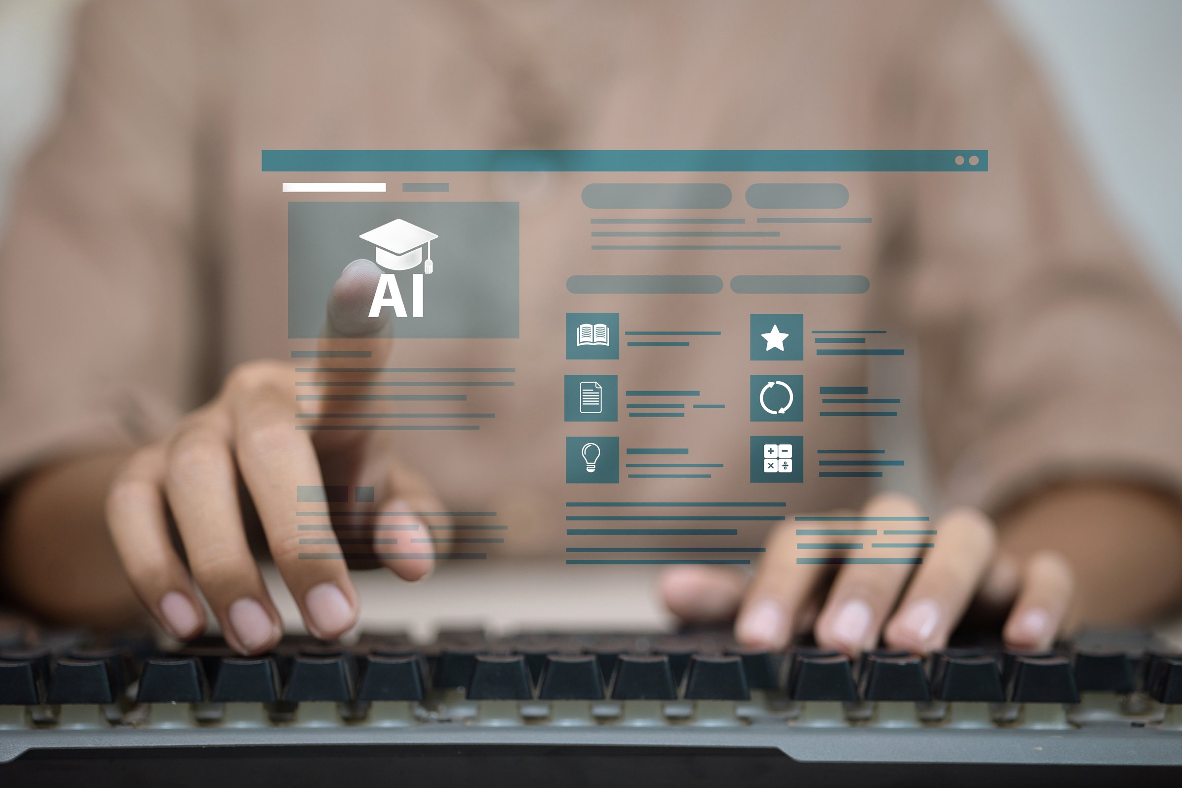 Finger interacting with AI education interface on screen. Concept of digital learning and artificial intelligence.