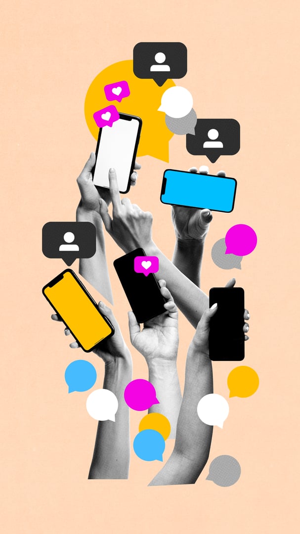 Many human hands with mobile phones and social media icons, likes and followers. Media addiction. Contemporary art collage. Concept of social media, influence, online business, communication