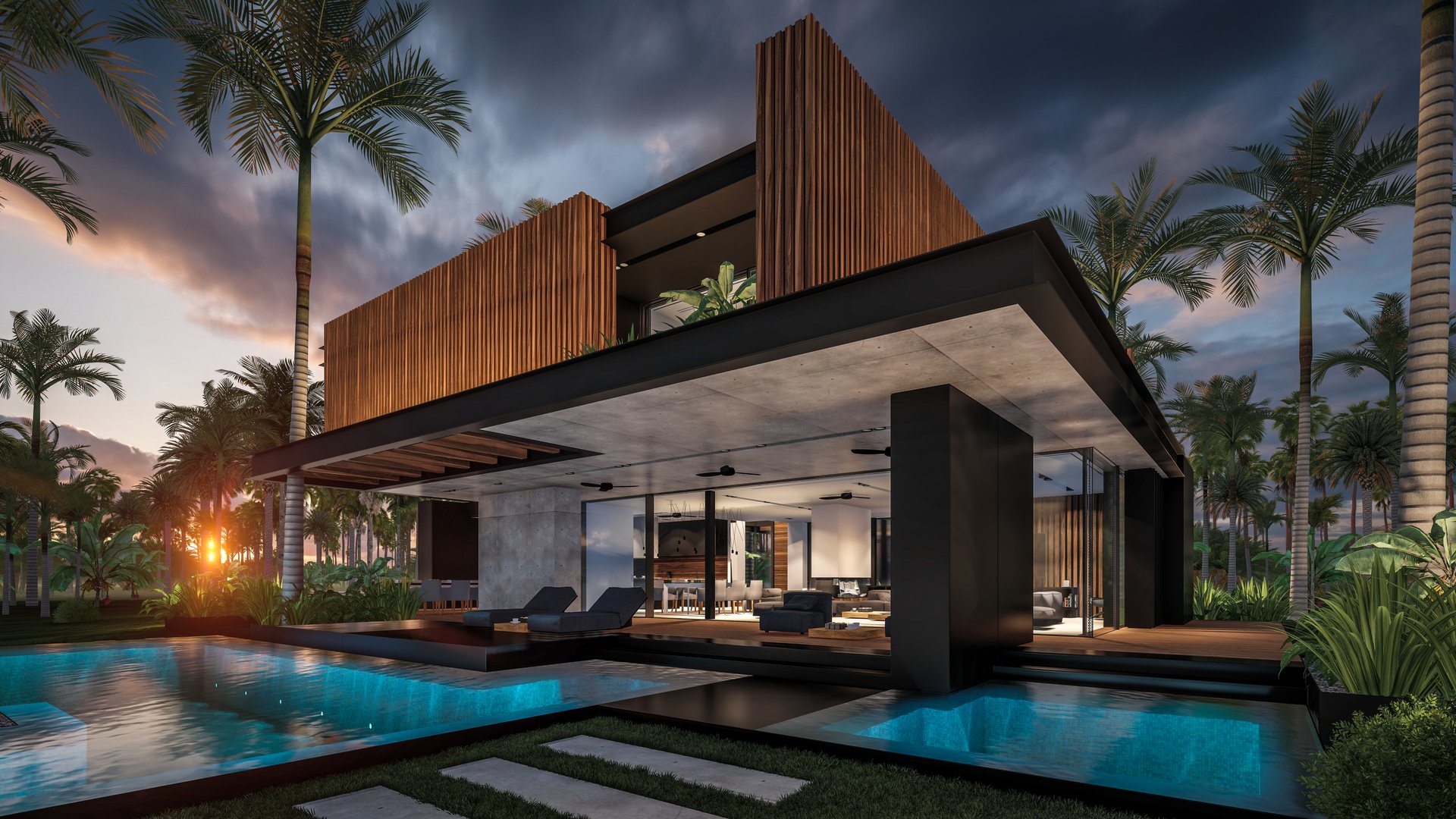 3d rendering of modern cozy house with parking and pool for sale or rent with wood plank facade by the sea or ocean. Sunset evening by the azure coast with palm trees and flowers in tropical island