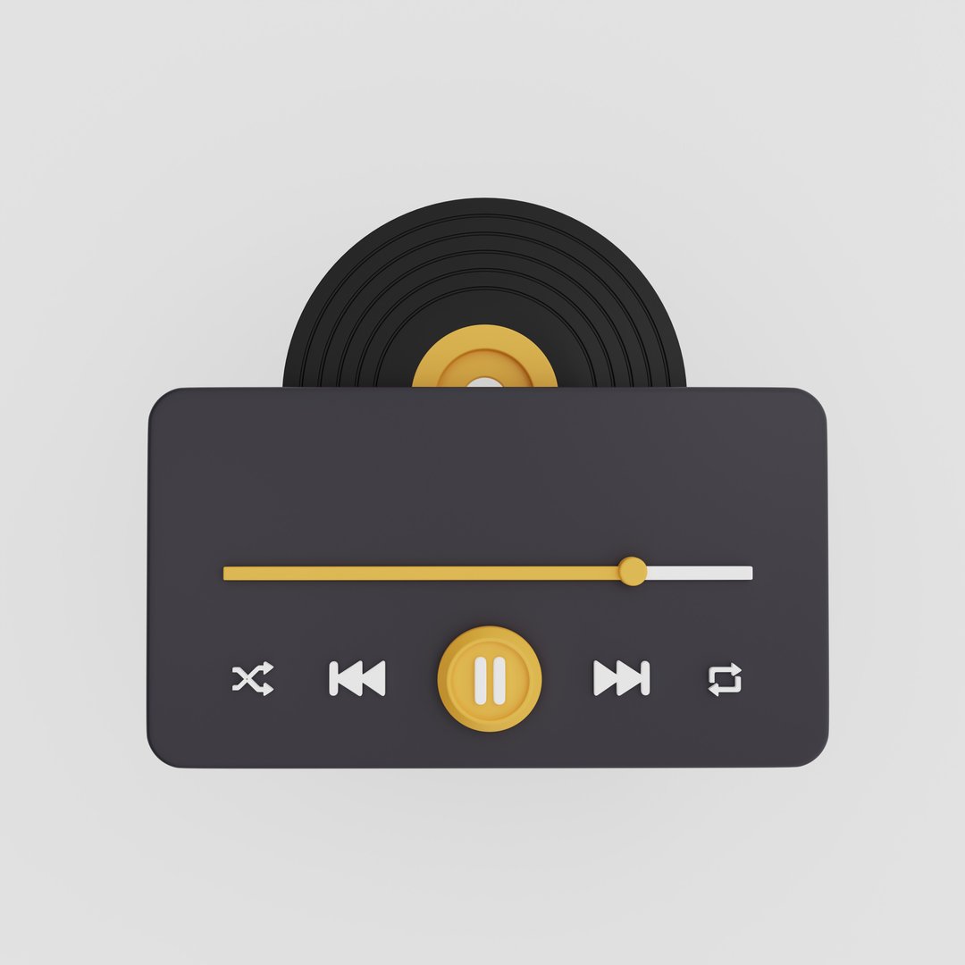 Music theme with vinyl record, play, pause, and shuffle icons. Retro vinyl record style. Creative design. 3D rendering.