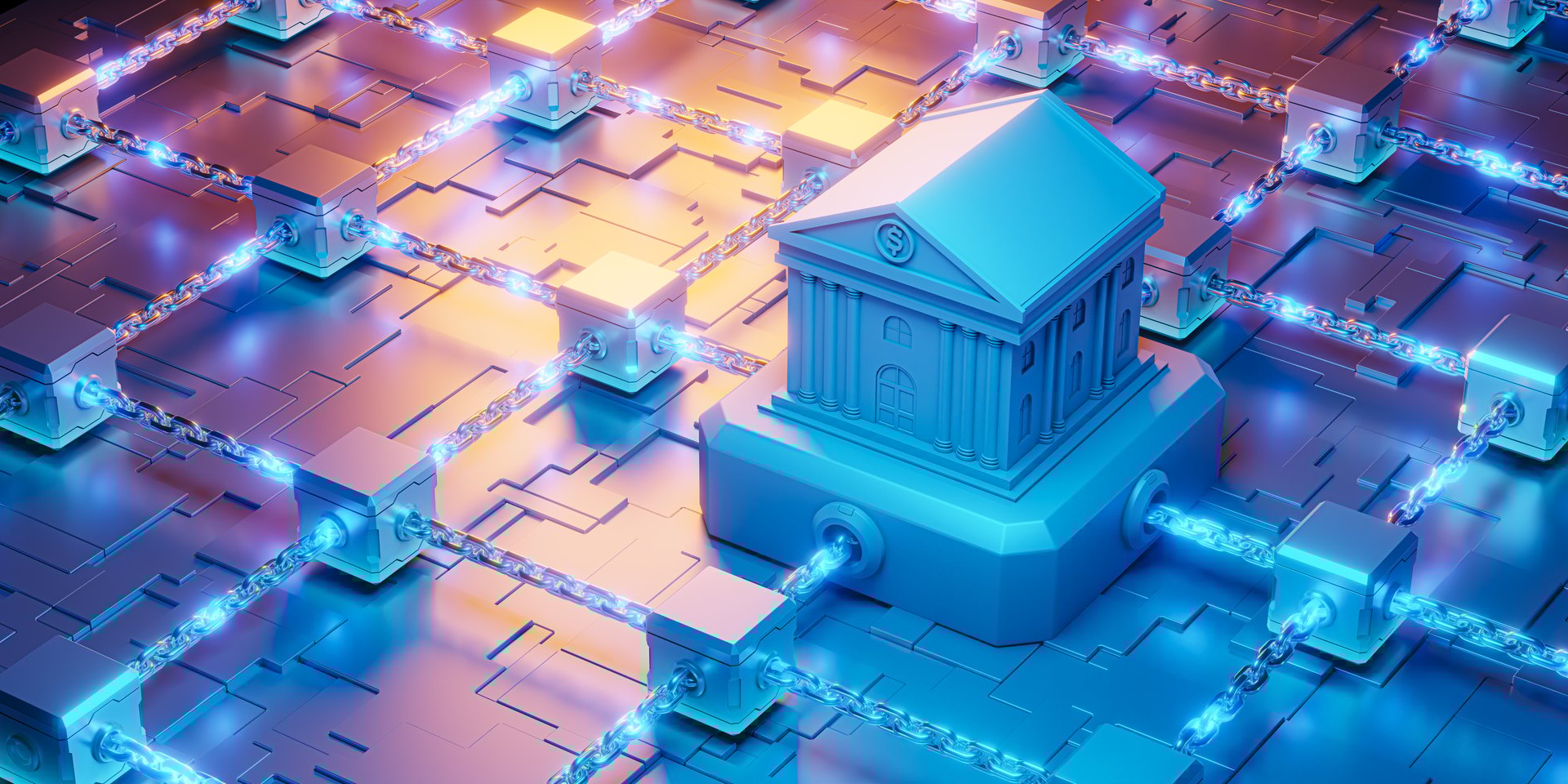 3D rendering visualizing a central bank connected to a decentralized network glowing chains, representing integration with blockchain technology and the future of digital finance secure transactions.