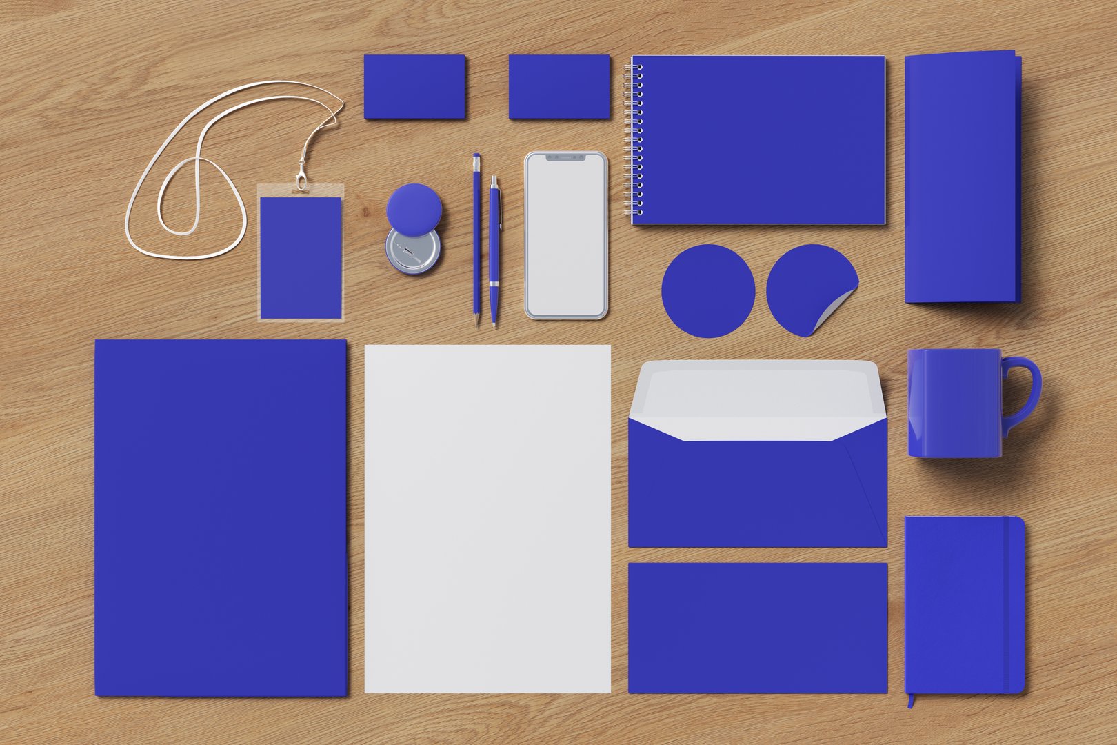 Corporate identity. Blue stationary branding set mock up on wooden background. 3d illustration