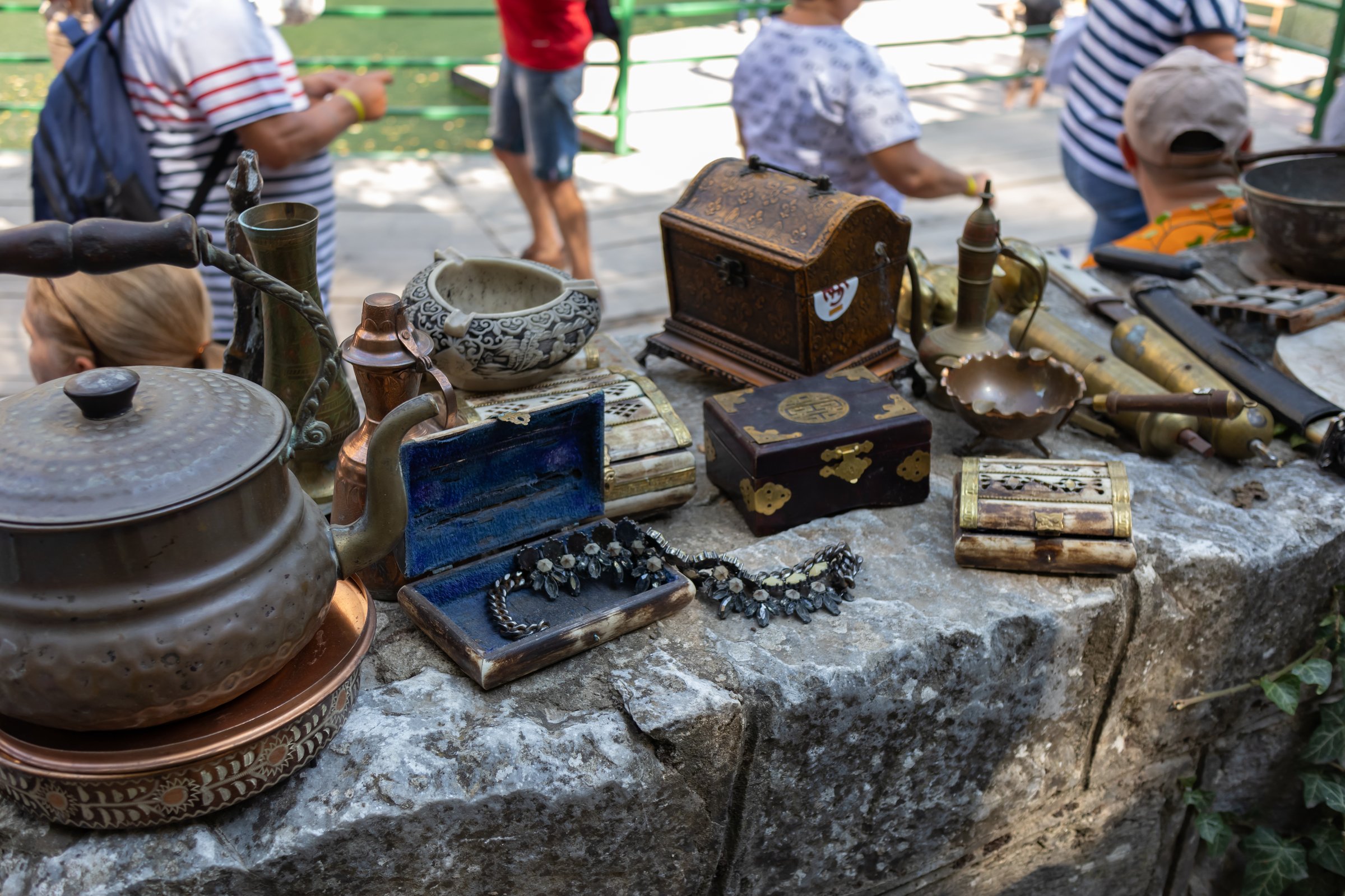 antique market at Matka Canyon near Skopje, vintage metal utensil and other things in flea market antique shop. Useful for background.