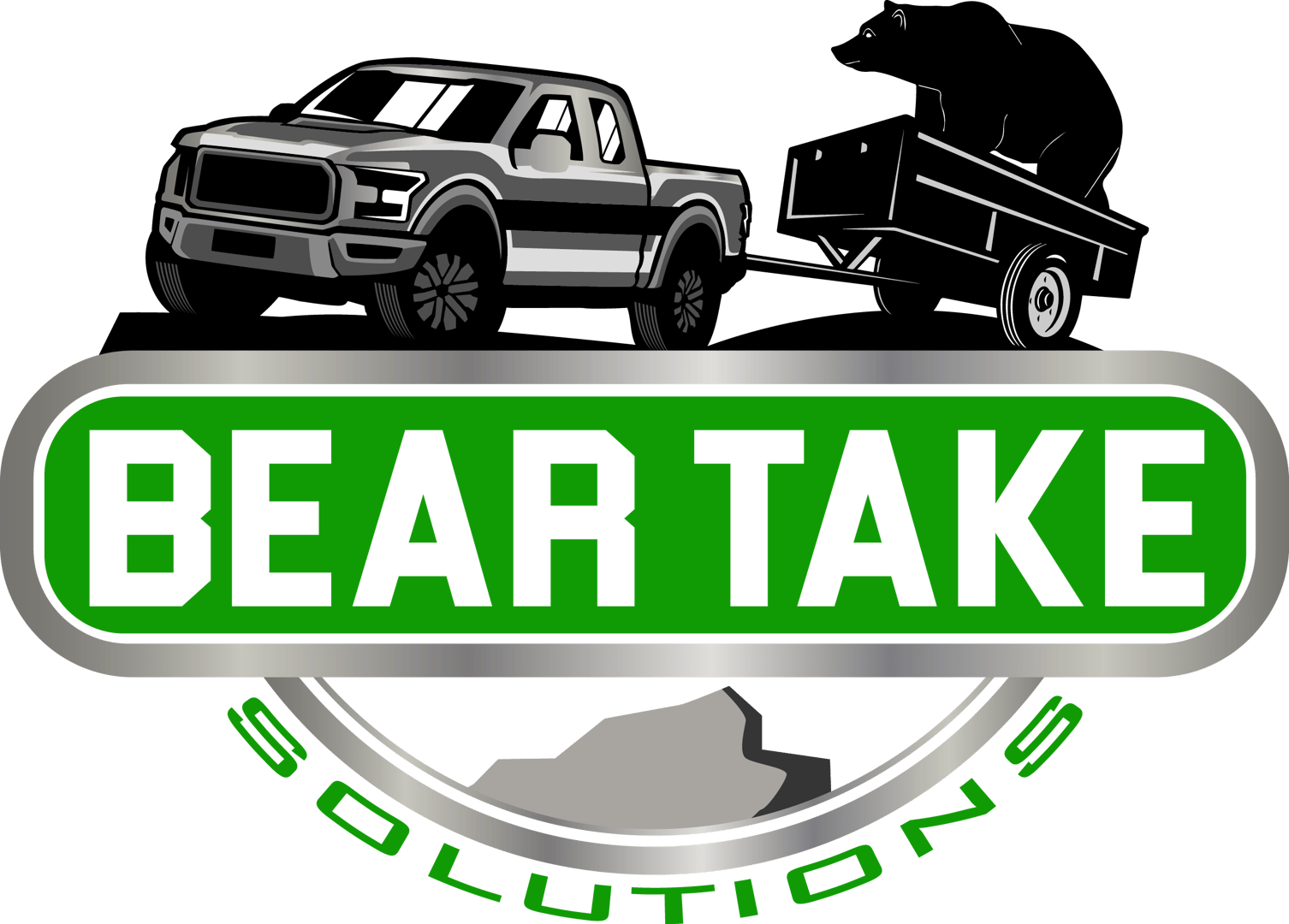 Logo of Bear Take Solutions featuring a pickup truck towing a trailer with a bear silhouette above green text.