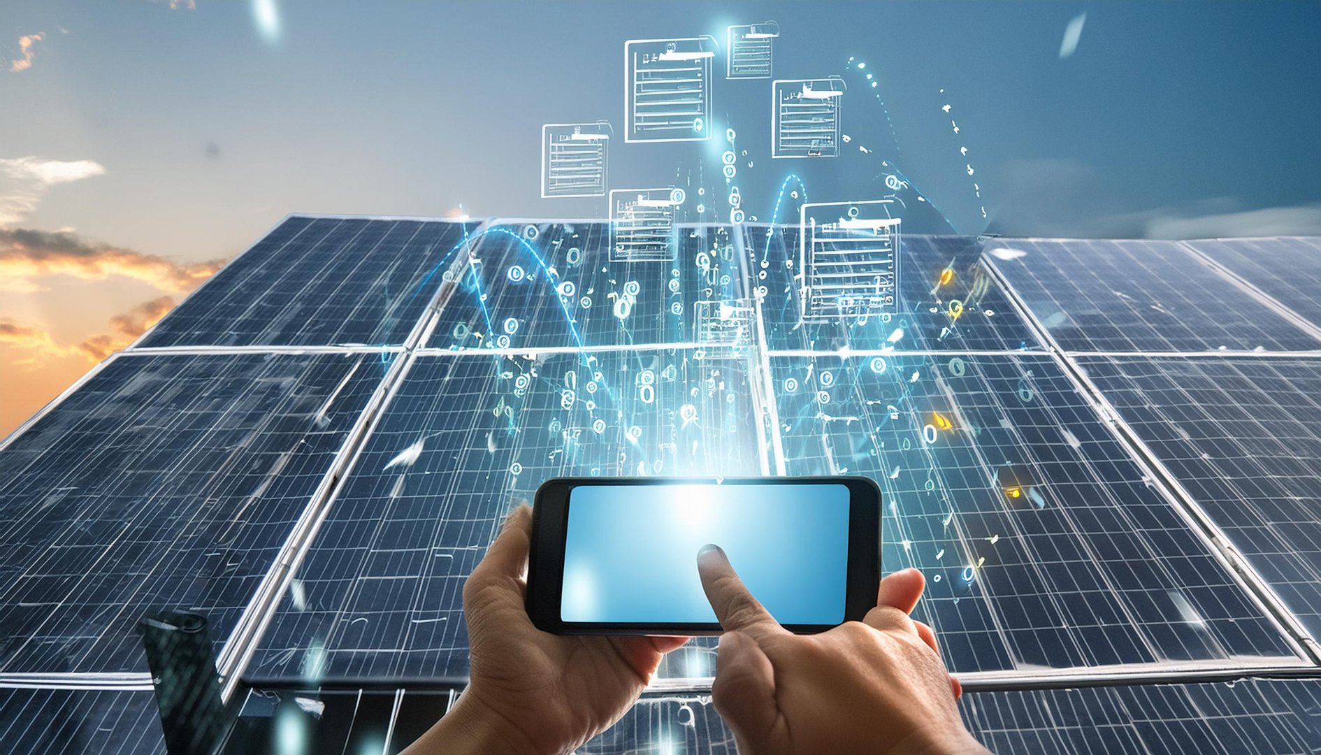 Hands holding a smartphone in front of solar panels with digital data graphics hovering above, illustrating technology integration.