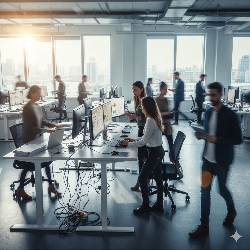 Personas trabajando activamente con energía y movimiento, ejecutando con tecnología moderna