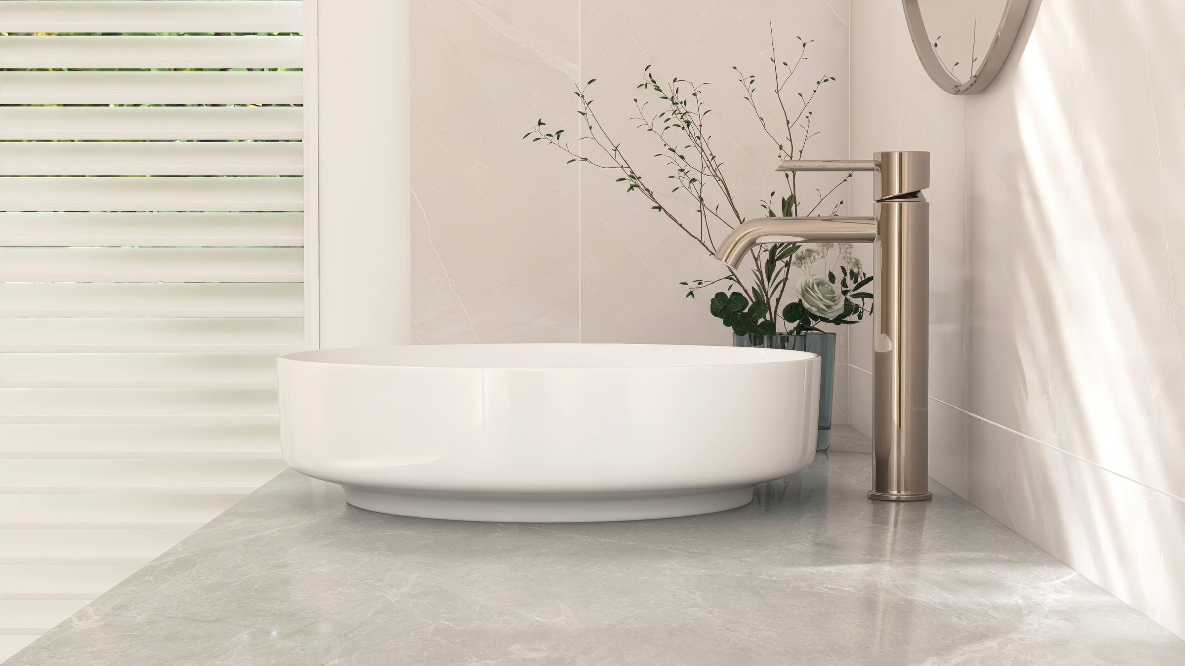 White round ceramic washbasin, chrome faucet, mirror on gray marble stone vanity bathroom counter for luxury beauty, cosmetic, skincare, toiletries product background 3D