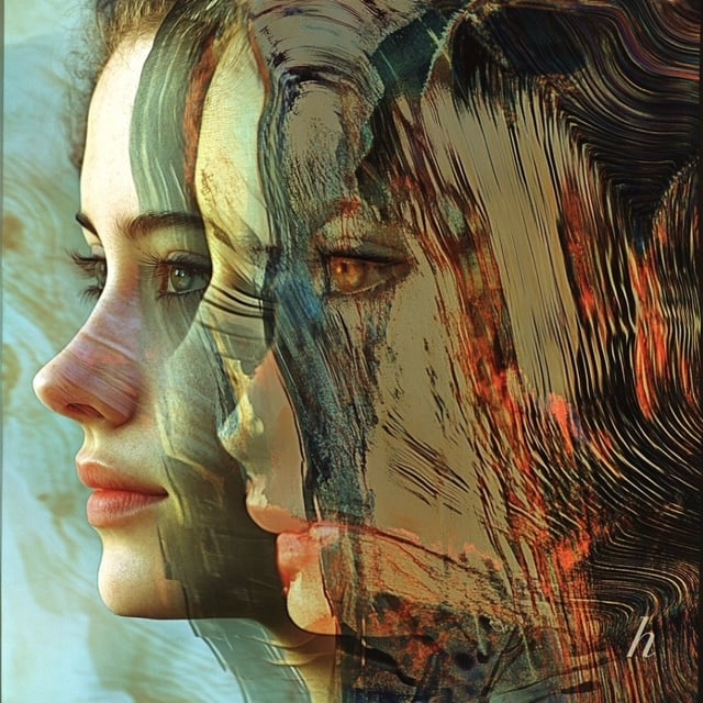 Artistic overlay of a womans profile with abstract textures and colors forming a layered effect.