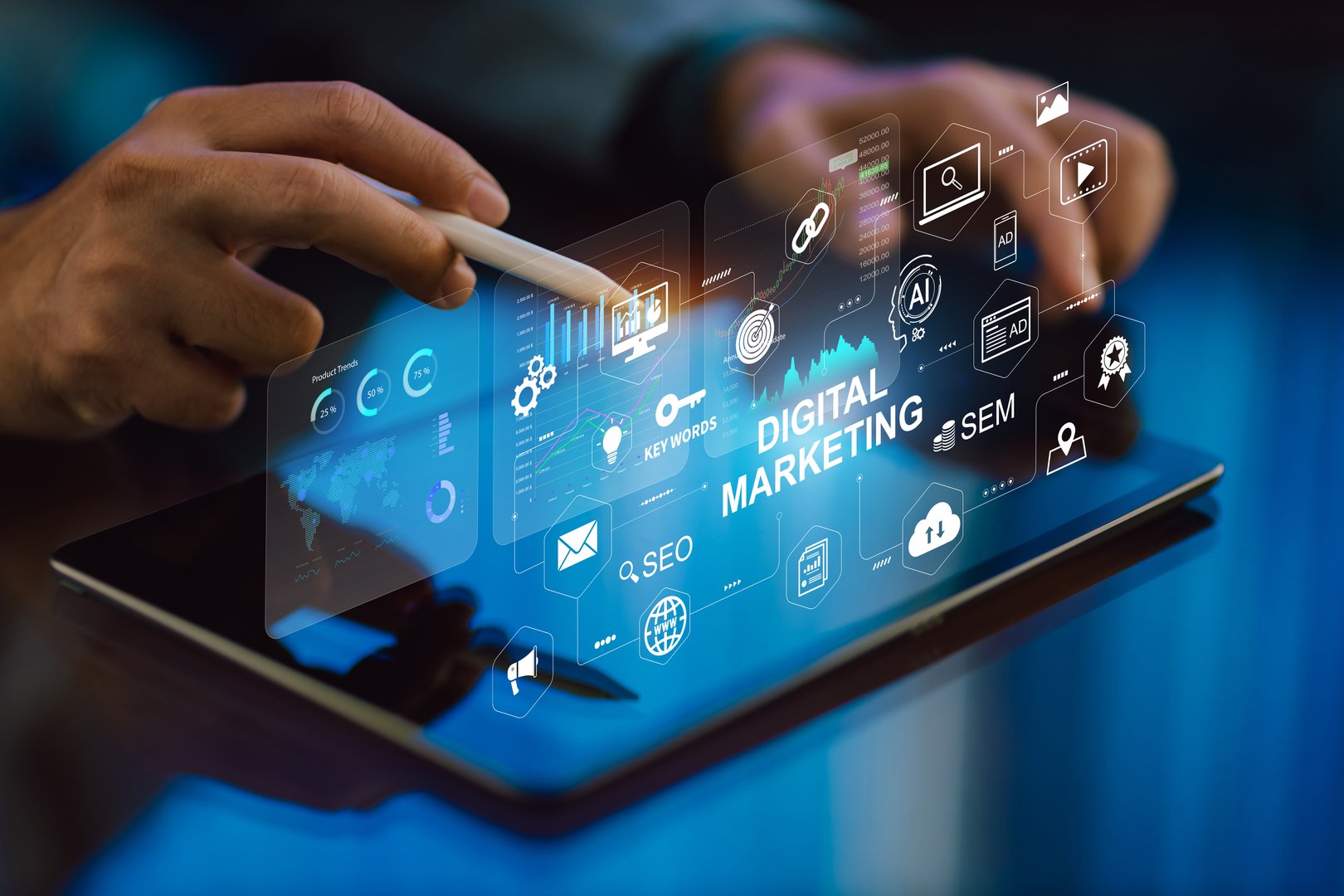 Business Analytics and Financial Data Visualization with Digital Marketing Technology Interface. Business Growth with SEO Strategy.