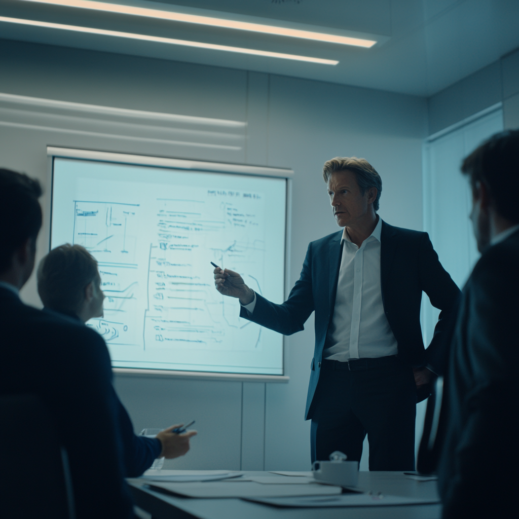 A business meeting with a man in a suit presenting data on a whiteboard to colleagues in a modern conference room.