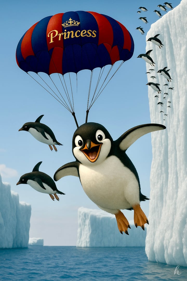 A joyful animated penguin with a parachute labeled Princess glides alongside two other penguins over icy waters.