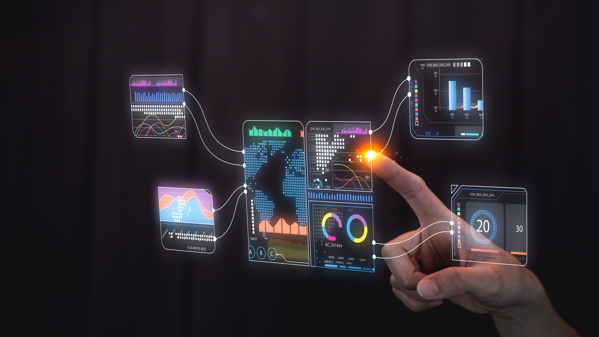 A hand interacts with holographic data displays showing graphs and statistics representing advanced technology and data analysis