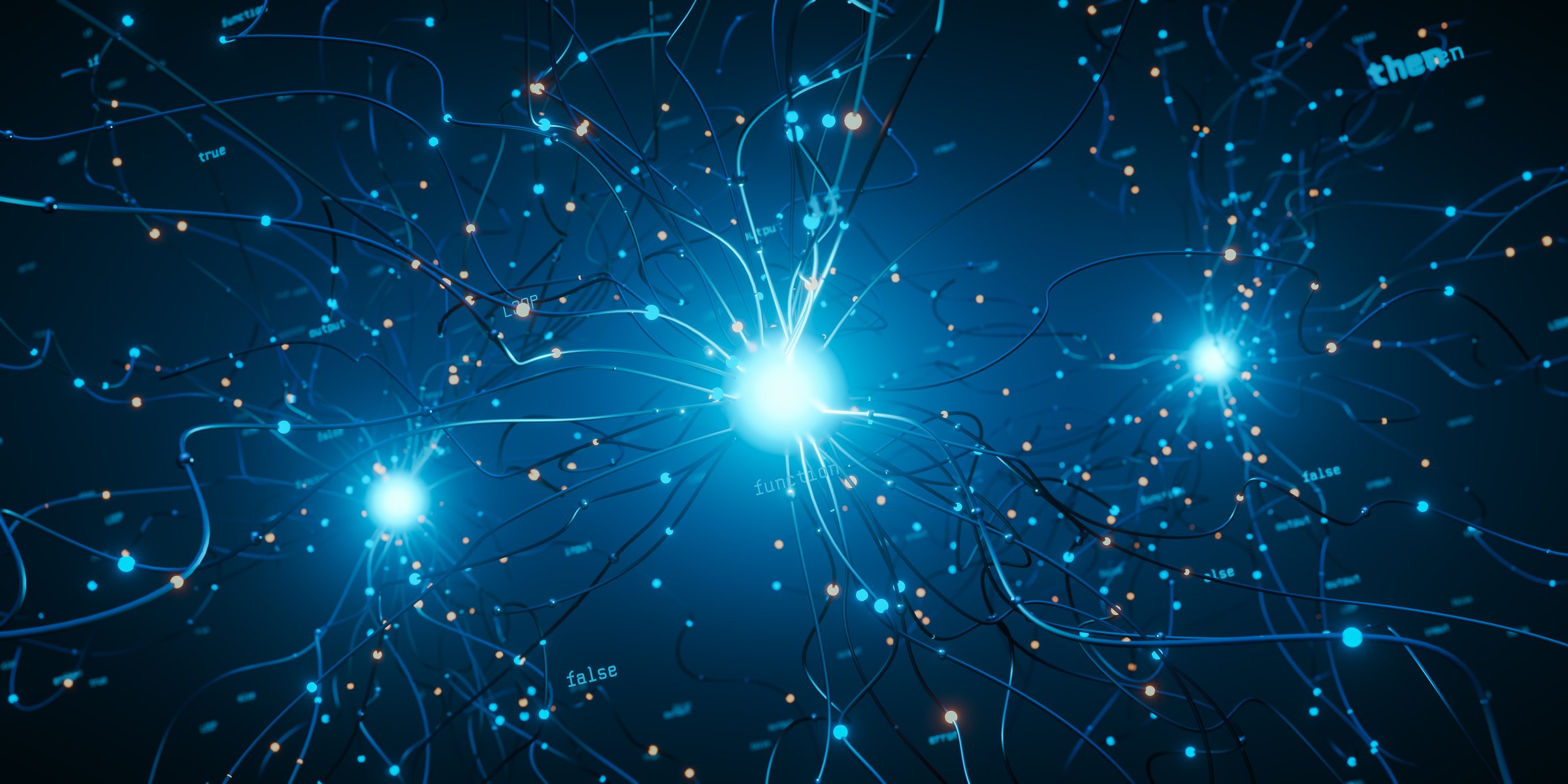 Abstract AI brain network illustration with glowing nodes, connections, and code words like function, true, false, output, LOOP, then. Conceptual data flow.