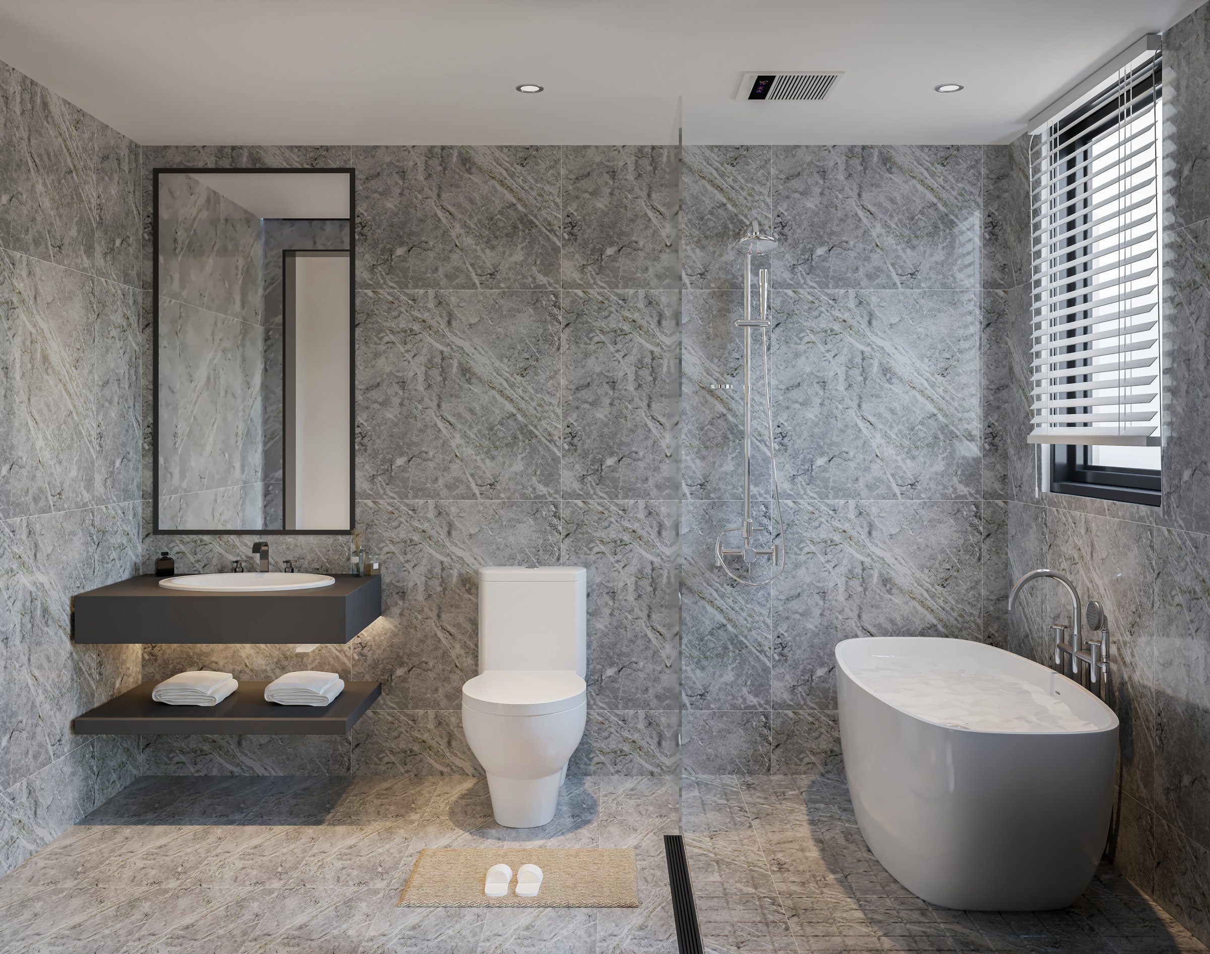 Modern bathroom interior, modern bathroom cabinet, white sink, wooden counter, bathroom accessories and shower, 3D render