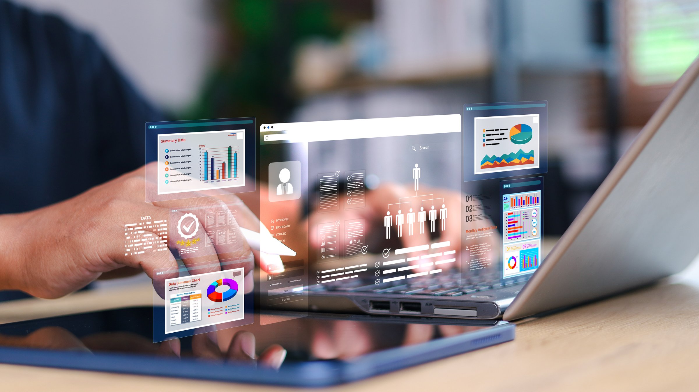 Businessman using tablet with futuristic analytics dashboard and digital data charts overlay. Concept of business intelligence, big data, and digital transformation.