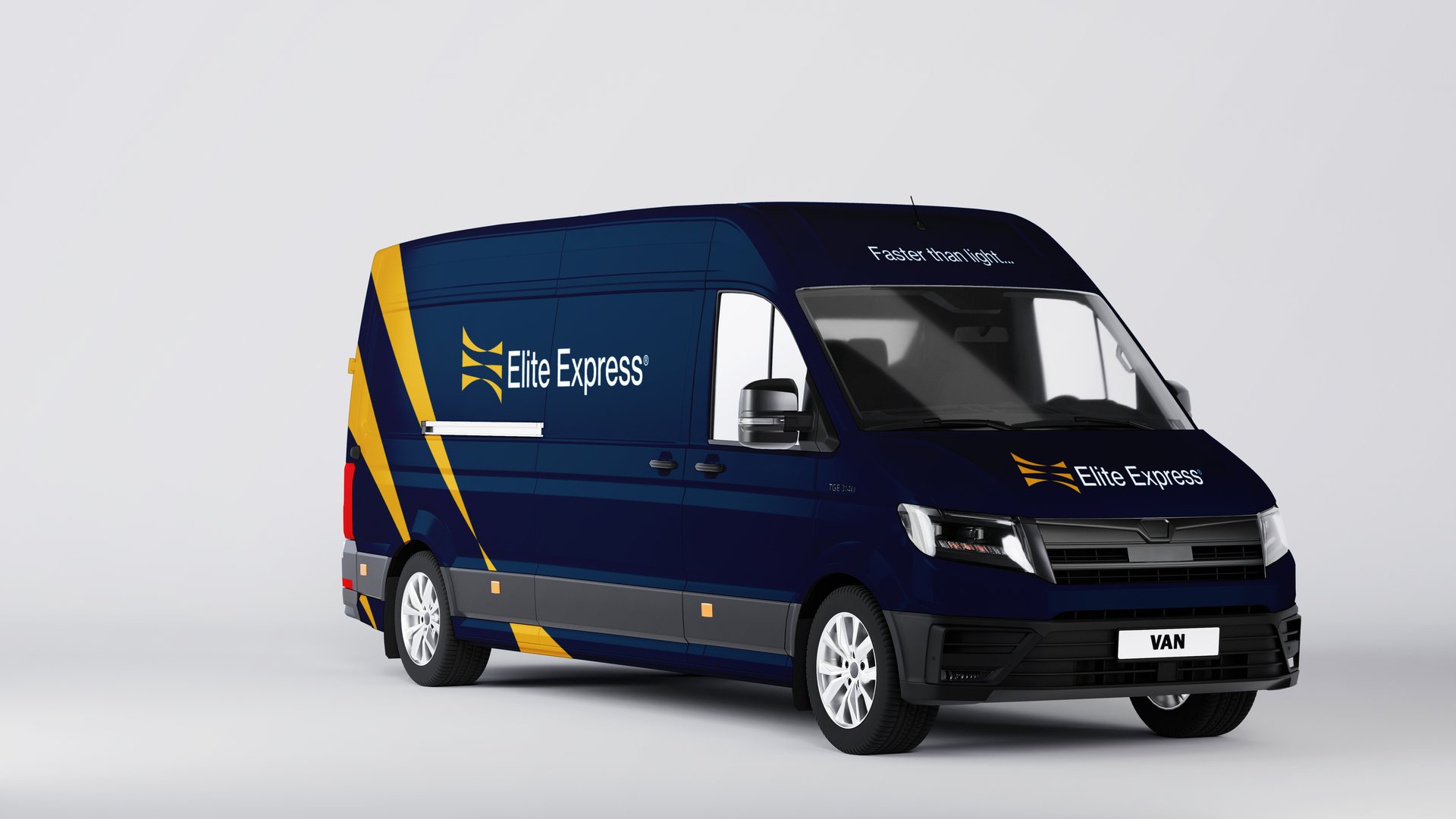 Blue delivery van with 'Elite Express' logo and yellow stripes on a white background. License plate reads 'VAN'.