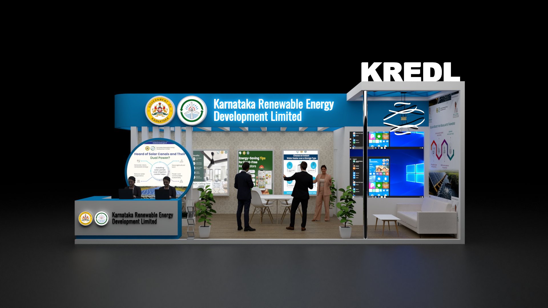 Exhibition booth for Karnataka Renewable Energy Development Limited with interactive screens and informational displays.
