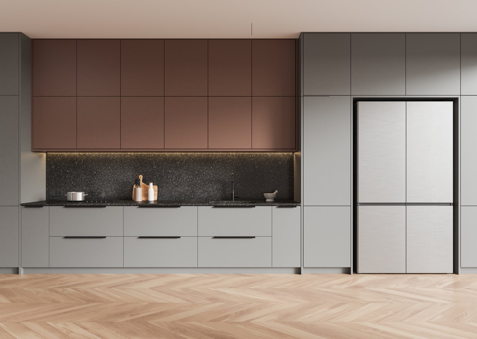 Sleek kitchen cabinets with a minimalist design and neutral tones, featuring a stylish backsplash and wooden floor. 3D Rendering