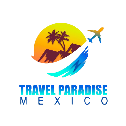 Logo with a sunset, palm trees, and airplane, featuring Travel Paradise Mexico in blue text.