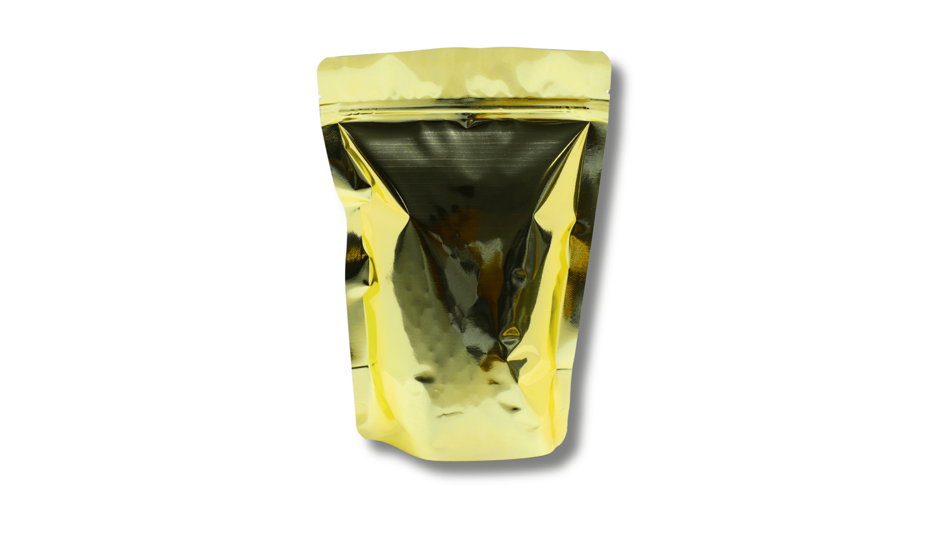 A shiny gold foil pouch with a resealable zip closure, standing upright on a white background.