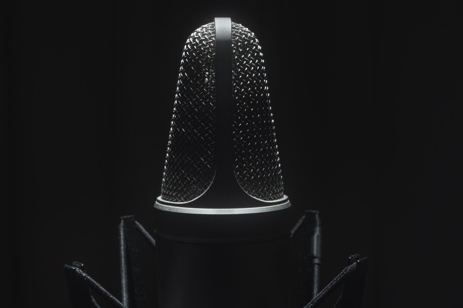Studio condenser microphone close up. Recording industry theme