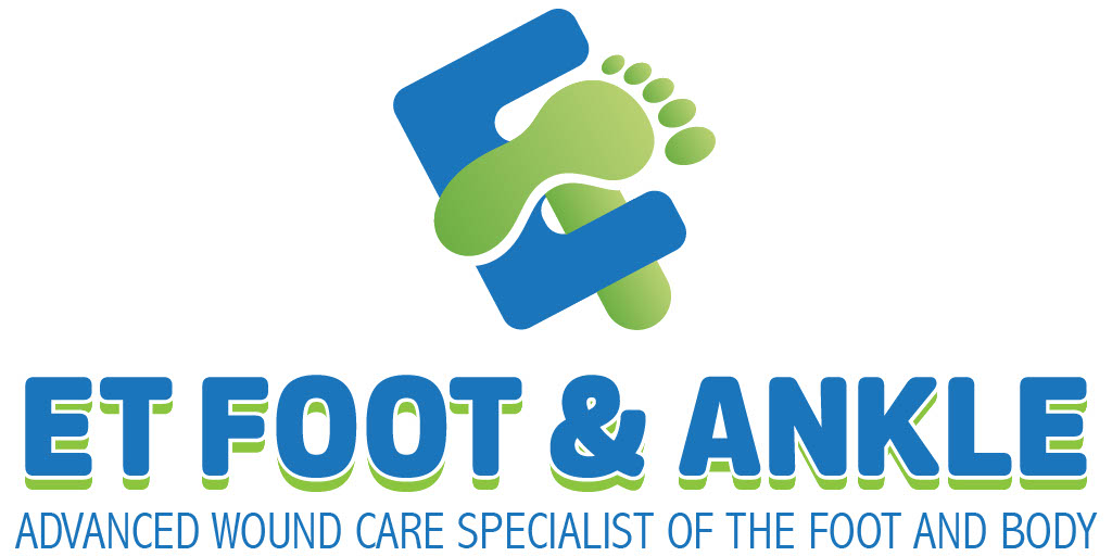 Logo of ET Foot &amp; Ankle with stylized foot and blue text, emphasizing advanced wound care specialization.