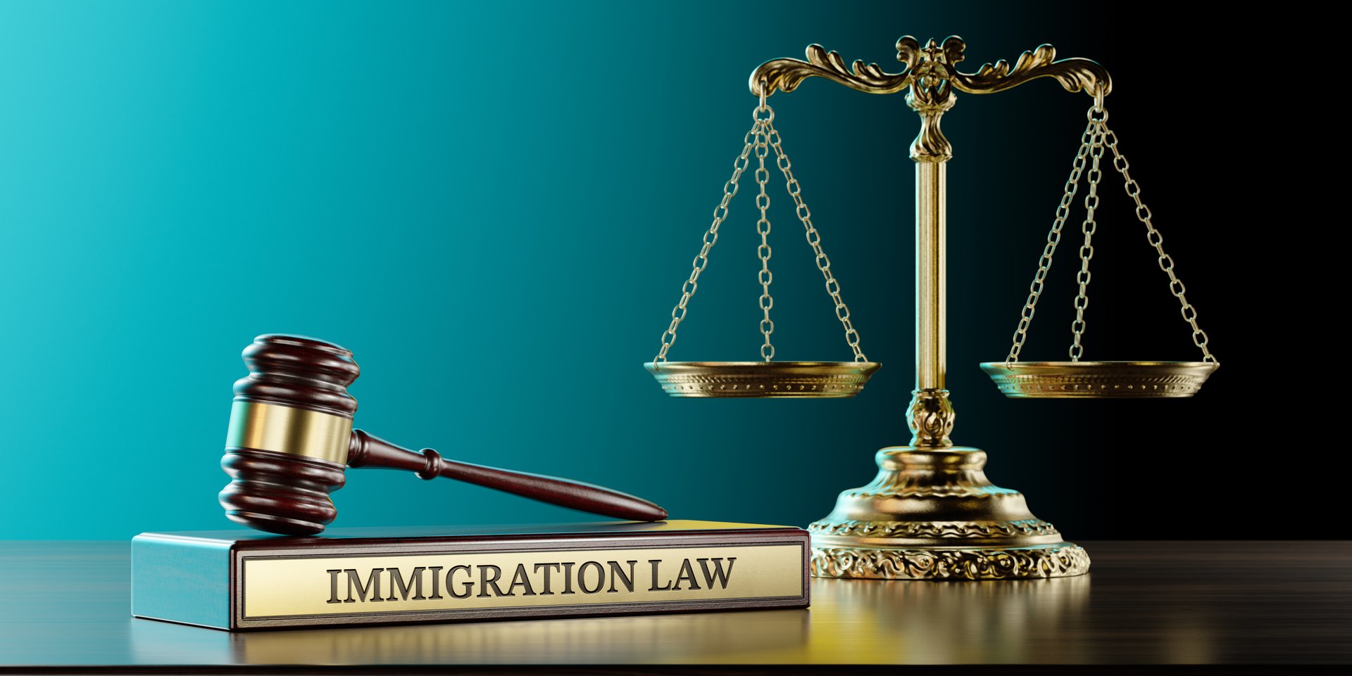 Immigration Law: Judge's Gavel as a symbol of legal system, Scales of justice and wooden stand with text word.