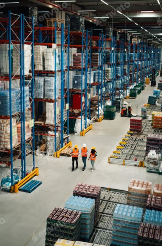 Spacious warehouse with tall racks of packaged goods and workers in safety vests and helmets walking through the aisle.