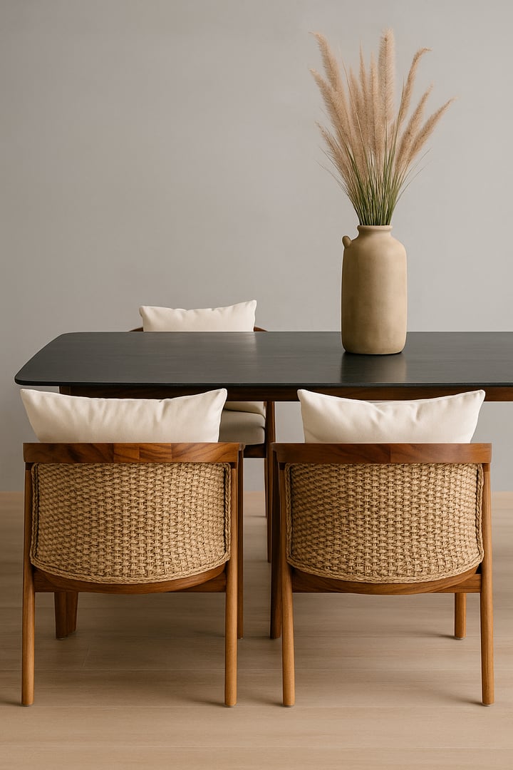 Sillas de comedor con estructura de parota y respaldo curvo tejido en fibra natural