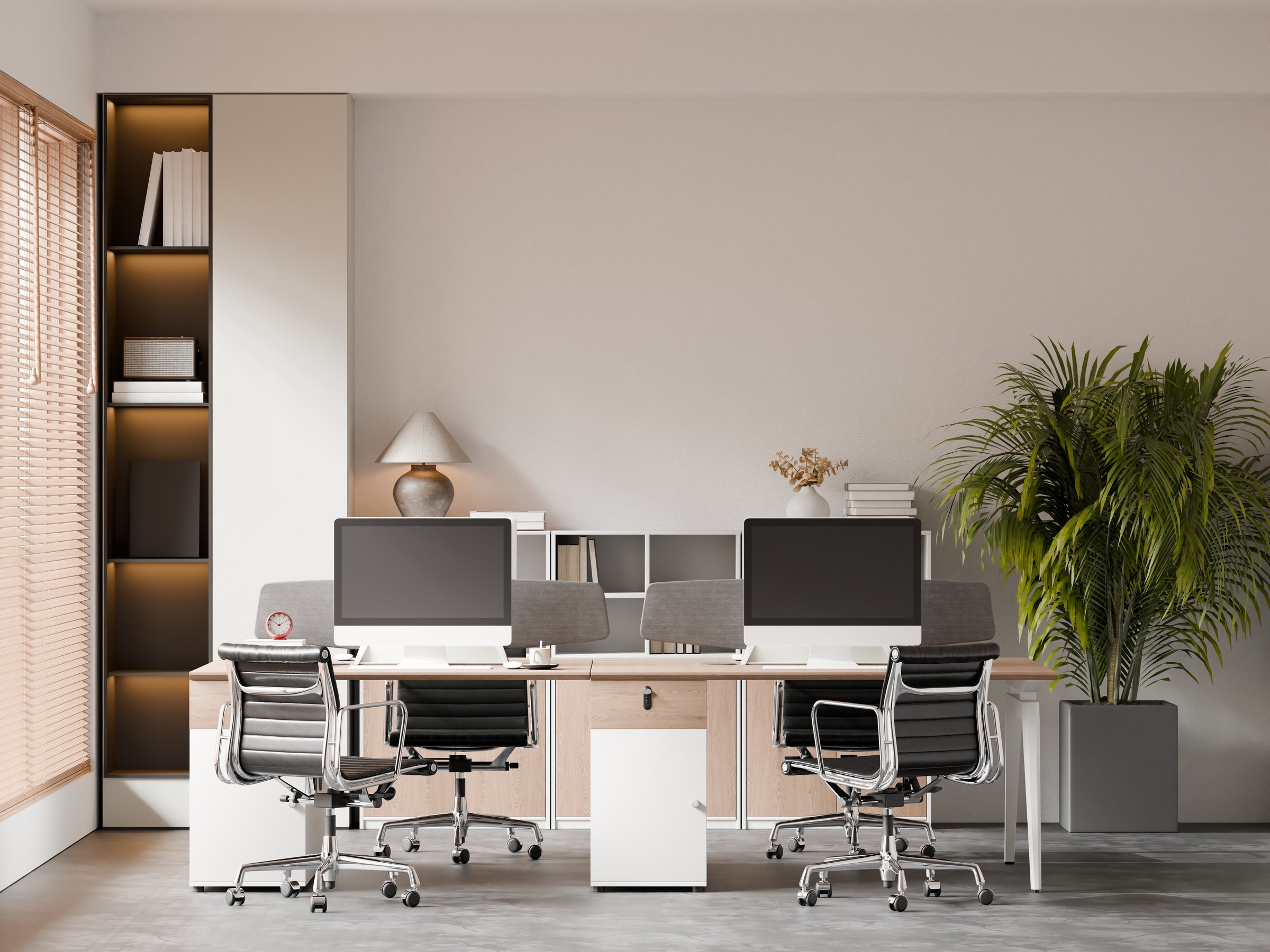 Modern open office workspace interior featuring a clean frame poster mockup on the wall. Contemporary corporate office design with minimal style, copy space, and realistic 3D render suitable for branding, presentation, and interior visualization.