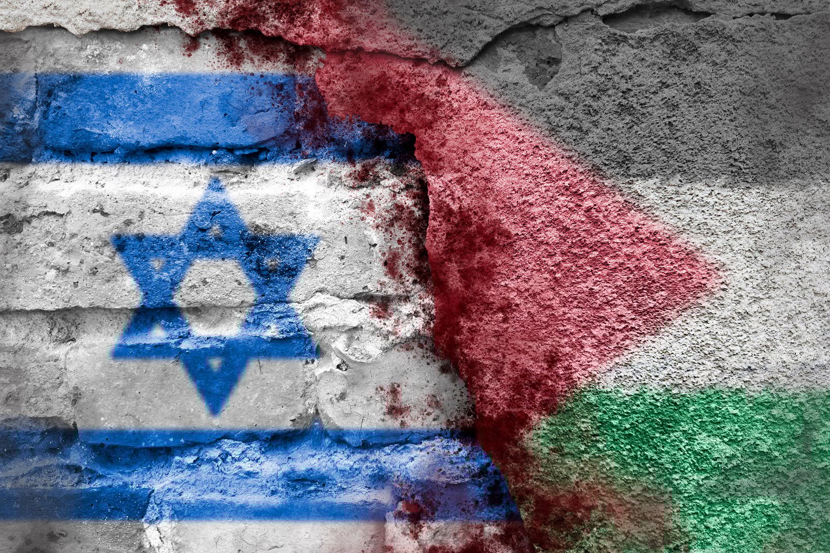 Israeli and Palestinian flags on a brick wall with blood splatters. International conflict and the fight against terrorism.