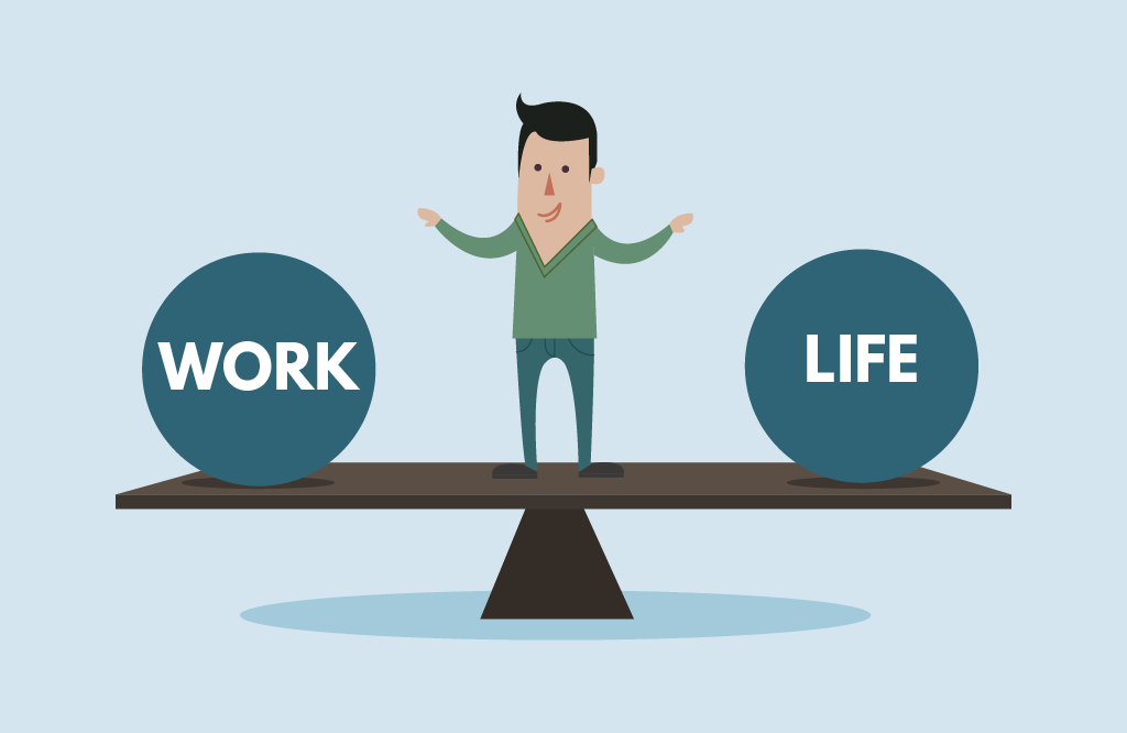 Illustration of a man balancing on a seesaw with Work and Life labeled spheres on each side, symbolizing work-life balance.