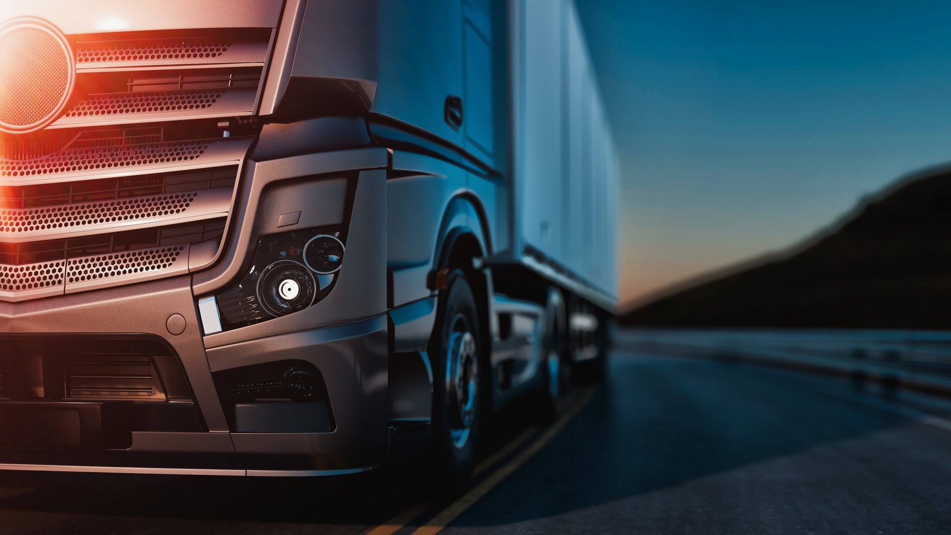 High-quality 3D rendering illustration of a cargo truck on the highway. Perfect for transportation, logistics, and freight industry.