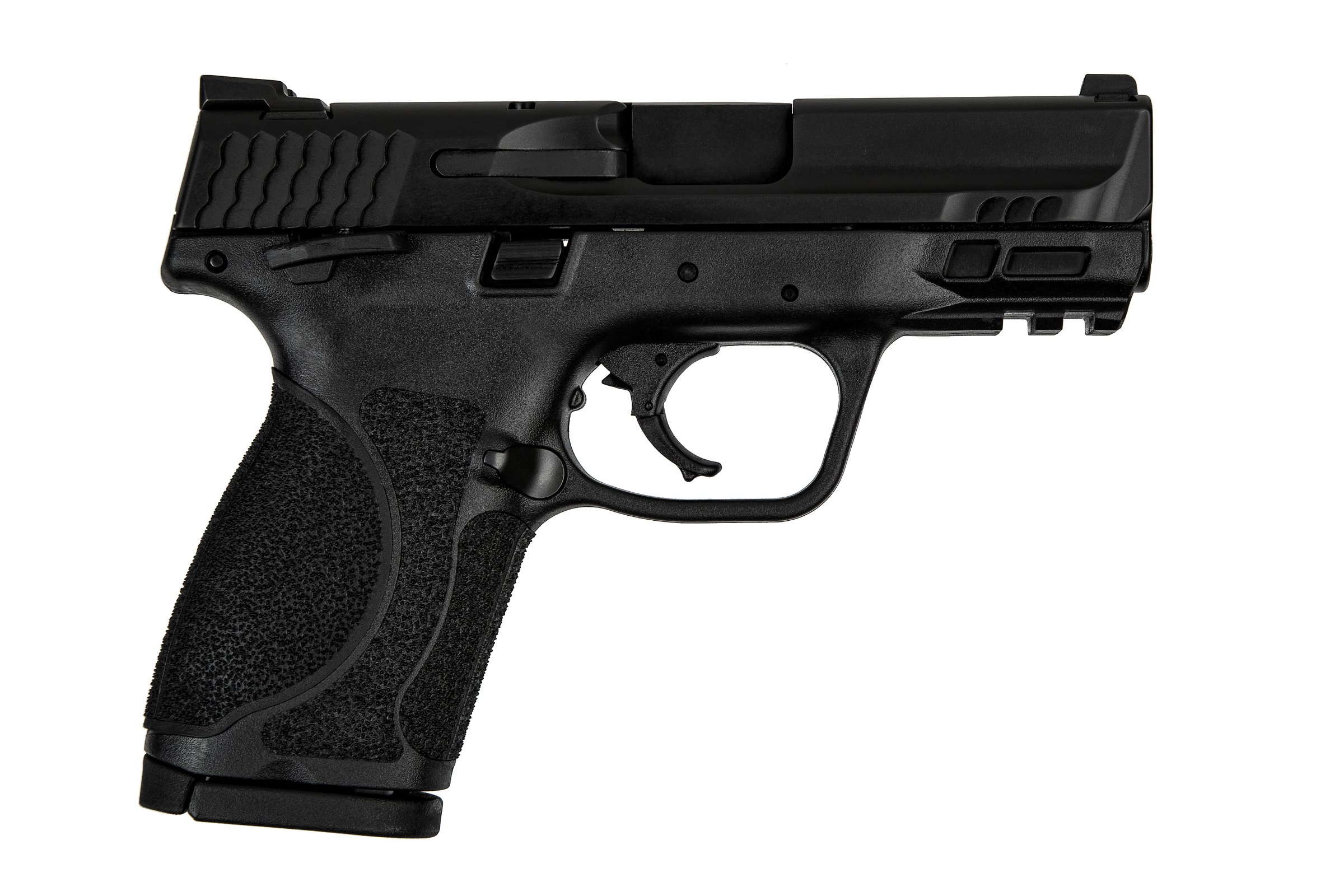 Black modern semi-automatic pistol isolated on a clean white background